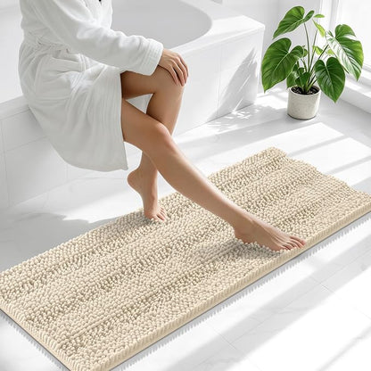 Smiry Thick Chenille Bathroom Runner Rugs 47x17, Absorbent Bath Mat, Sand | Quick‑Dry & Machine Washable, Non‑Slip Bath Carpet, Soft Striped Bath Rugs for Tub & Shower, Modern Home Decor Accessories