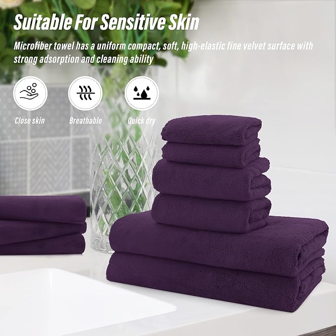MOONQUEEN Ultra Soft Microfiber Coral Velvet Towel Set - Quick Drying - 2 Bath Towels, 2 Hand Towels, 2 Washcloths - Plum, 6 Pcs