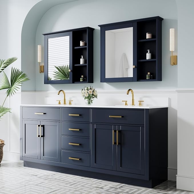 80-Inch Bathroom Vanity with Double Sinks W/ 4 Doors & 4 Drawers & 2 Flip Drawers, Navy Blue Vanity W/Brushed Gold Handles