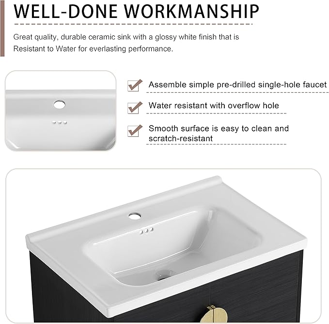 SSLine Modern 40" Floating Bathroom Vanity with Ceramic Sink Wall Mounted Bathroom Vanity with Top Basin &Storage Cabinet&Side Open Shelf Elegant Wood Vanity Sink Cabinet for Small Space(Black Gold)