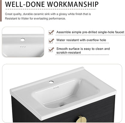SSLine Modern 40" Floating Bathroom Vanity with Ceramic Sink Wall Mounted Bathroom Vanity with Top Basin &Storage Cabinet&Side Open Shelf Elegant Wood Vanity Sink Cabinet for Small Space(Black Gold)