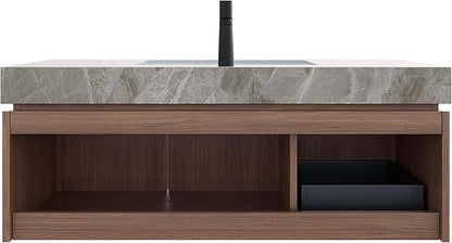 48 Inch Floating Bathroom Vanity with Sink, Wall-Mounted Farmhouse Bathroom Vanity with Drawer and Doors, Light Gray Sintered Stone Countertop and Ceramic Basin, Pre-Assembled,Brown Oak