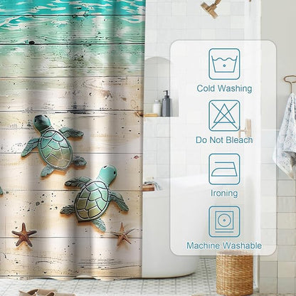 Green Beach Sea Turtle Shower Curtain Nautical Teal Theme Fabric Bathroom Blue Ocean Decor with Grommets and Hooks 72 x 84 Inch Blue