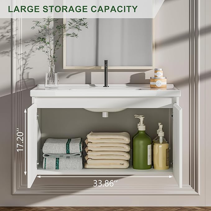 OLD CAPTAIN 36" Bathroom Vanity with Ceramic Sink, Floating Bathroom Vanity with Sink and Cabinet, Wall Mounted Bathroom Sink Cabinet with Storage and Two Doors, White
