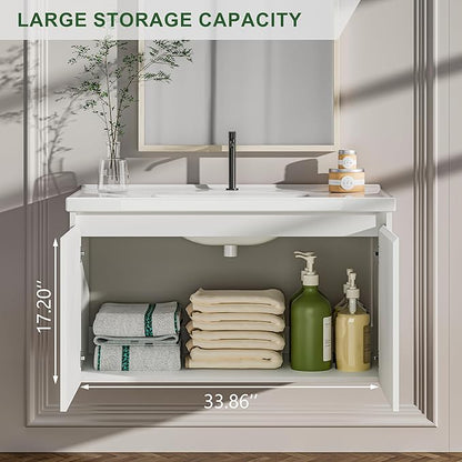 OLD CAPTAIN 36" Bathroom Vanity with Ceramic Sink, Floating Bathroom Vanity with Sink and Cabinet, Wall Mounted Bathroom Sink Cabinet with Storage and Two Doors, White