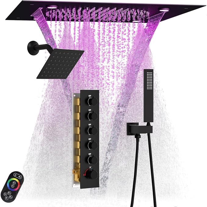 Enga Luxury Dual Shower Head System LED Thermostatic Shower System with 6 inch Wall Shower, 20-Inch 3 Function Shower Head (Rainfall & Mist & Waterfall), Matte Black