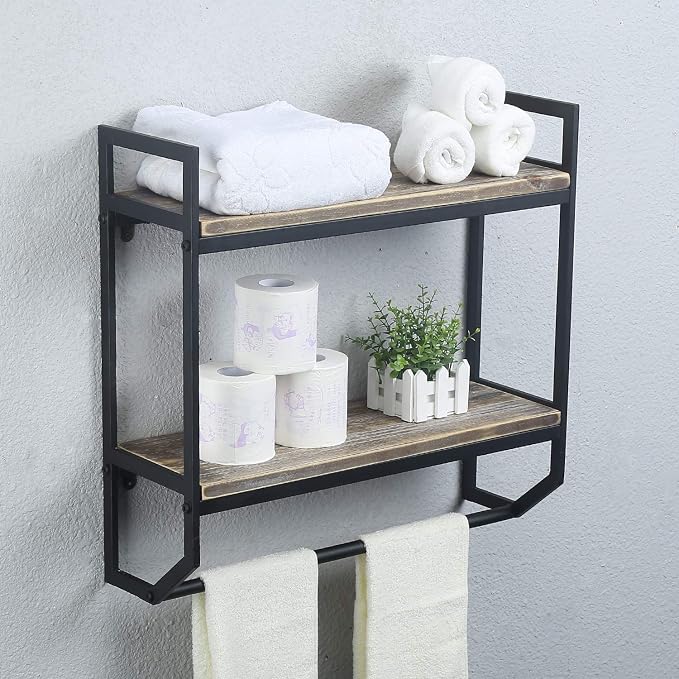 Towel Rack with Towel Bar,2-Tier 24" Bathroom Shelves Wall Mounted,Rustic Wall Shelf Over Toilet,Utility Storage Shelf Rack,Floating Shelves Towel Holder,Black