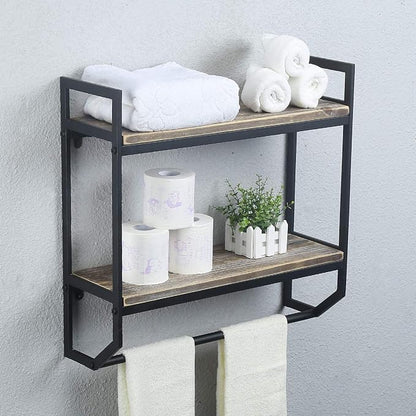 Towel Rack with Towel Bar,2-Tier 24" Bathroom Shelves Wall Mounted,Rustic Wall Shelf Over Toilet,Utility Storage Shelf Rack,Floating Shelves Towel Holder,Black