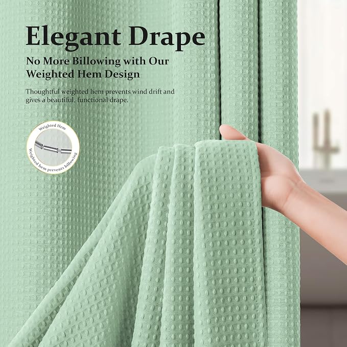 Waffle Shower Curtain 256 GSM Heavy Duty Fabric 72" x72 Mint Green | Thick Textured Cloth, Weighted Hem, Water Repellent Washable, Hotel Luxury Polyester Shower Curtain Set for Bathroom 12 Hooks