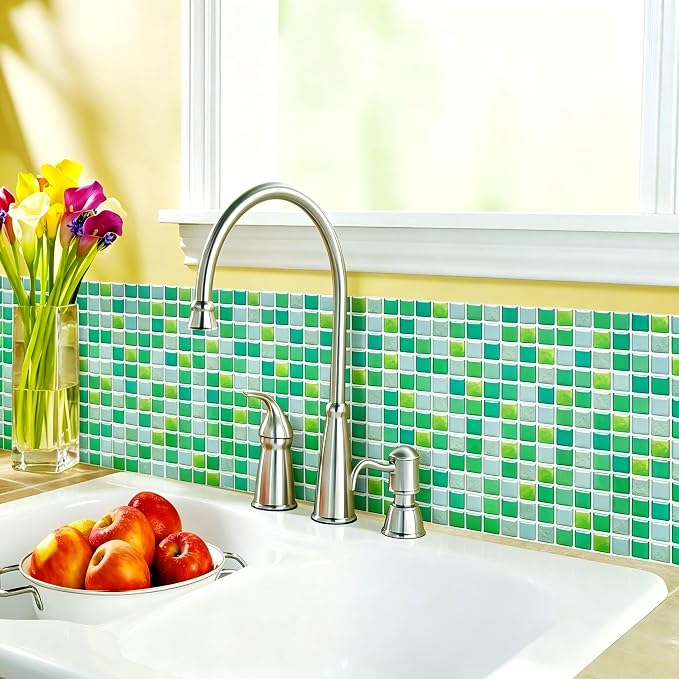 3D Mosaic Tile Sticker Removable Wallpaper Tile Red, 3D Self Adhesive Wall Tiles Bathroom Wall Tiles for Kitchen Backsplash Green,PVC Square Decorative Vinyl Decals,4 Sheets