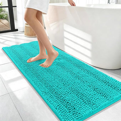 OLANLY Thick Bathroom Runner Rugs 47x17, Soft Chenille Long Bath Rugs, Teal | Absorbent Striped, Rubber Backing, Machine Wash, Bath Mats for Bathroom Floor, Tub and Shower, Home Decor Accessories