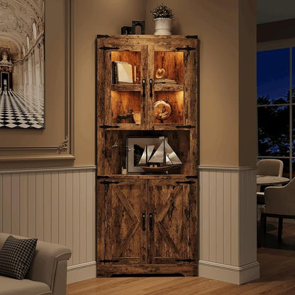 GarveeHome 67 in Tall Corner Storage Cabinet with Lights, Farmhouse Corner Hutch Display Cabinet with Glass Doors, Wooden Storage Organizer for Kitchen, Living Room, Bathroom, Brown