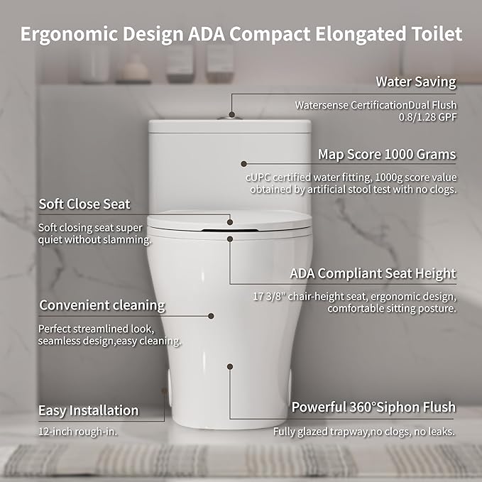Elongated One Piece Toilet with Comfort Chair Seat ADA Height 17.33", Powerful Dual Flush 0.8/1.28 GPF Compact Toilet, MAP 1000g, Standard White Toilet Bowl, 12'' Rough-in