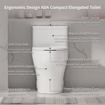 Elongated One Piece Toilet with Comfort Chair Seat ADA Height 17.33", Powerful Dual Flush 0.8/1.28 GPF Compact Toilet, MAP 1000g, Standard White Toilet Bowl, 12'' Rough-in