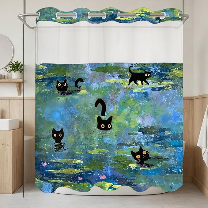 Accnicc Cute Cat No Hook Shower Curtain with Snap in Liner 71×74 Inch | Funny Fun Cool Cats Monet Hookless Shower Curtains, Water lilies Bath Curtain Decor, Waterproof Washable Polyester Fabric