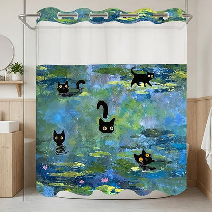 Accnicc Cute Cat No Hook Shower Curtain with Snap in Liner 71×74 Inch | Funny Fun Cool Cats Monet Hookless Shower Curtains, Water lilies Bath Curtain Decor, Waterproof Washable Polyester Fabric