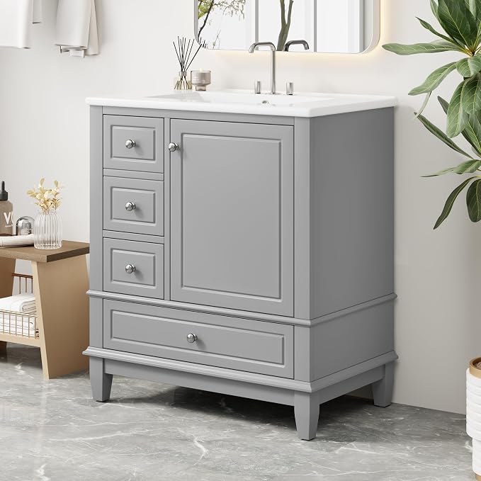 30" Vanity with Sink, Bathroom Vanities 30 Inch with Sink, Single Sink Bathroom Vanity with Shelf and Three Drawers, Soft Close Door, Restroom Vanity with Sink Top (Grey)