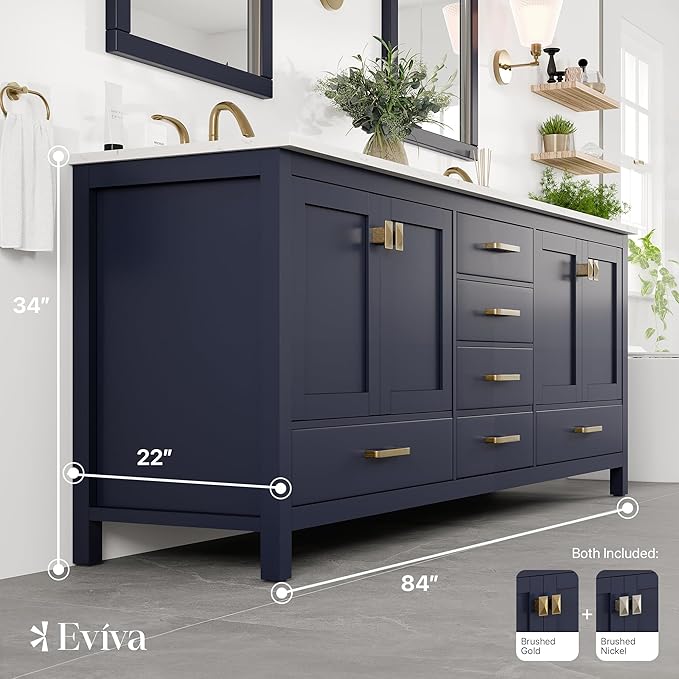 Eviva Aberdeen 84 in. Blue Double Sink Bath Vanity with Carrara Quartz Top and Undermount Porcelain Sinks
