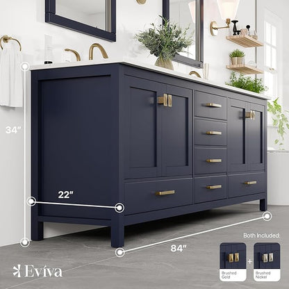 Eviva Aberdeen 84 in. Blue Double Sink Bath Vanity with Carrara Quartz Top and Undermount Porcelain Sinks