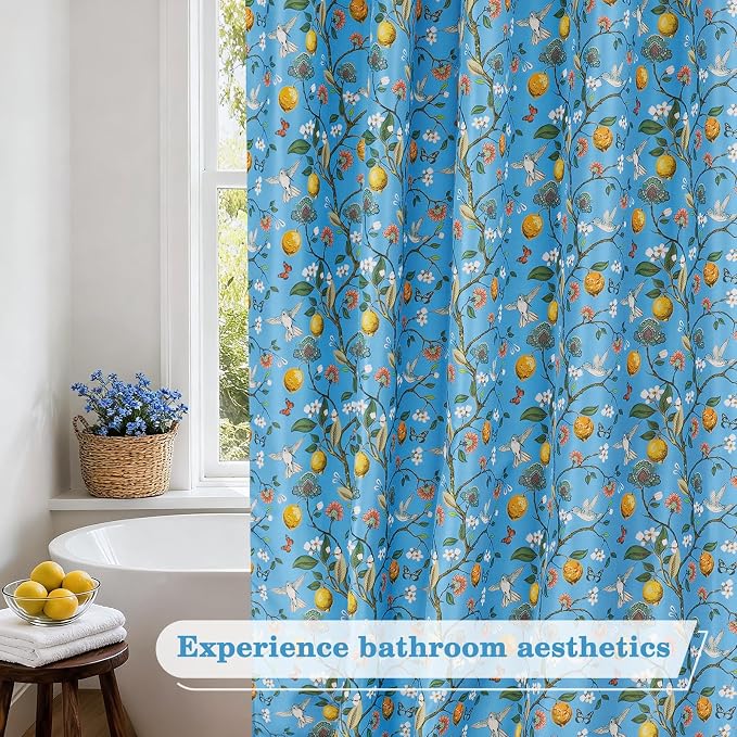 Blue Floral Bird Shower Curtain 72x72, Hummingbird and Lemon Botanical Fabric Bath Curtains, Lightweight Quick-Dry Bathroom Decor Set with Hooks