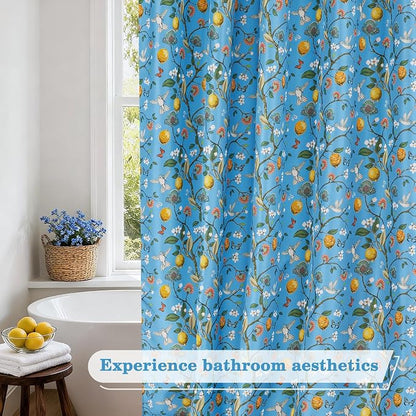 Blue Floral Bird Shower Curtain 72x72, Hummingbird and Lemon Botanical Fabric Bath Curtains, Lightweight Quick-Dry Bathroom Decor Set with Hooks