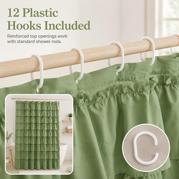 Sage Green Ruffle Shower Curtain for Bathroom, 72x72 inch, 1 Panel | Boho Cottage Chic Style, Soft Microfiber Fabric, Standard-Size Ruffled Curtain, 12 Hooks Included, Machine Washable, Opaque