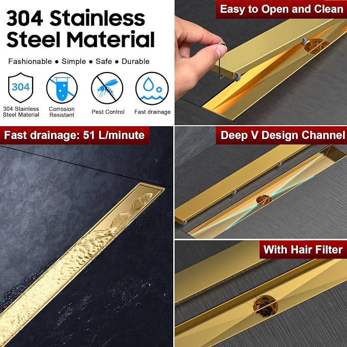 DLONE® Linear Shower Drain - 36 Inch Brushed Gold, with Tile Insert Panel | AISI 304 Stainless Steel Linear Drain, Rectangle Shower Floor Drain, with Adjustable Feet, Fits Bathroom & Balcony etc