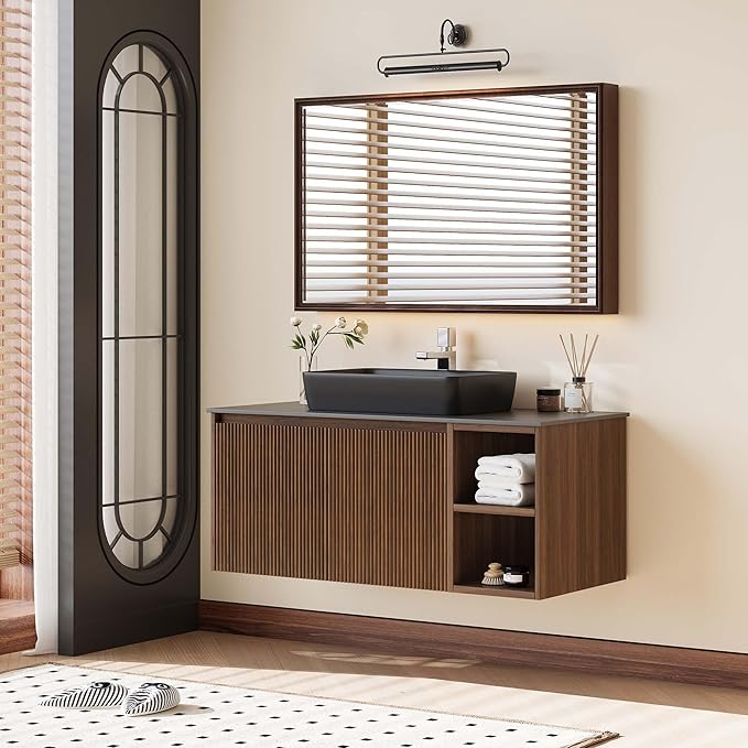 36" Modern Floating Bathroom Vanity with Single Sink - Wall Mounted Storage Bathroom Cabinet with Black Sintered Stone Countertop| Large Storage Space & Open Shelves, Dark Wood