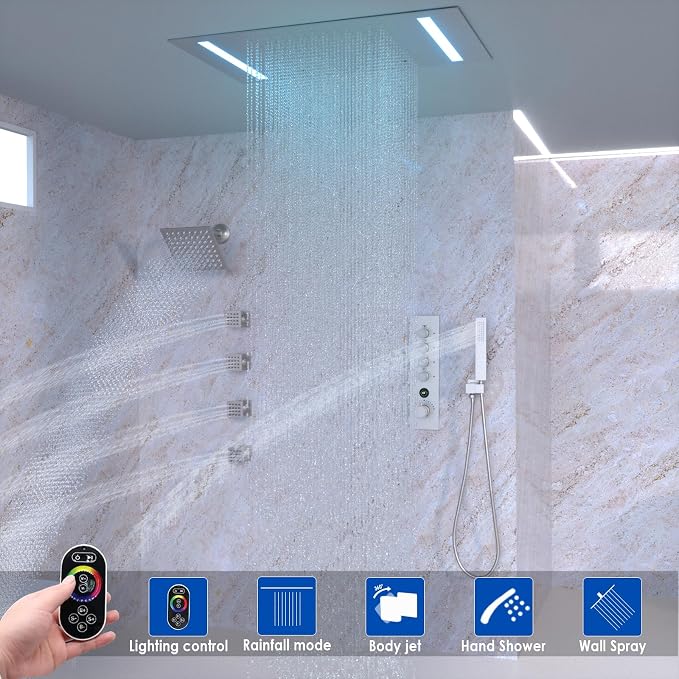 Luxury Thermostatic Digital Dual Heads Shower System Brushed Nickel Full Bdoy Shower Faucet Set with 20x14in LED Rainfall Showerhead and 6in Wall Shower, 4 Body Jets with Shut-off, Brass Handheld