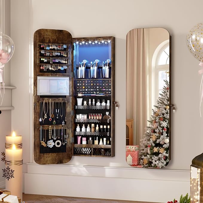 Vlsrka 47.2" Wall/Door Mounted Jewelry Cabinet Organizer Armoire W/Mirror | 6 LEDs, Over The Door Hanging Jewelry Organizer with Rounded Corner Mirror, Lockable Full Length Mirror with Storage, Brown