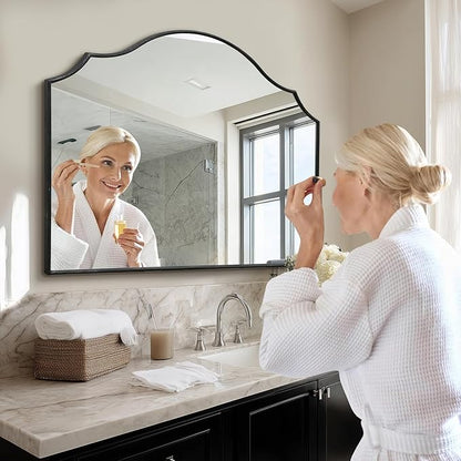 Besdomus Black Scalloped Wall Mirror: 40"x29" Large Wooden Bathroom Mirror | Modern Minimalist Decorative Arched Mirror for Vanity/Dresser/Bedroom/Entryway/Fireplace/Living Room/Dining Room/Over Sink