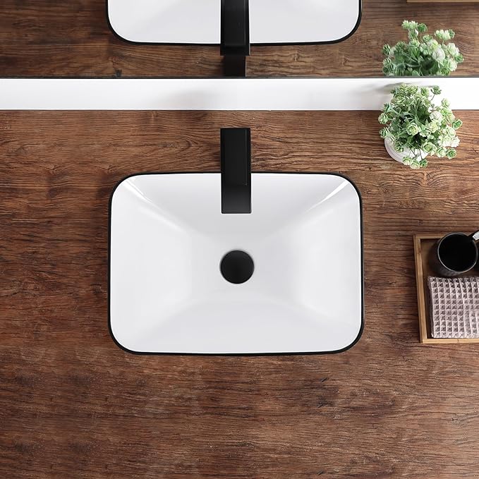Bathroom Vessel Sink 18.2'' x 13.3'' Small Semi Recessed Bathroom Sink Rectangular Drop In Sink with Overflow White with Black Trim Ceramic Modern Vessel Sinks for Bathroom