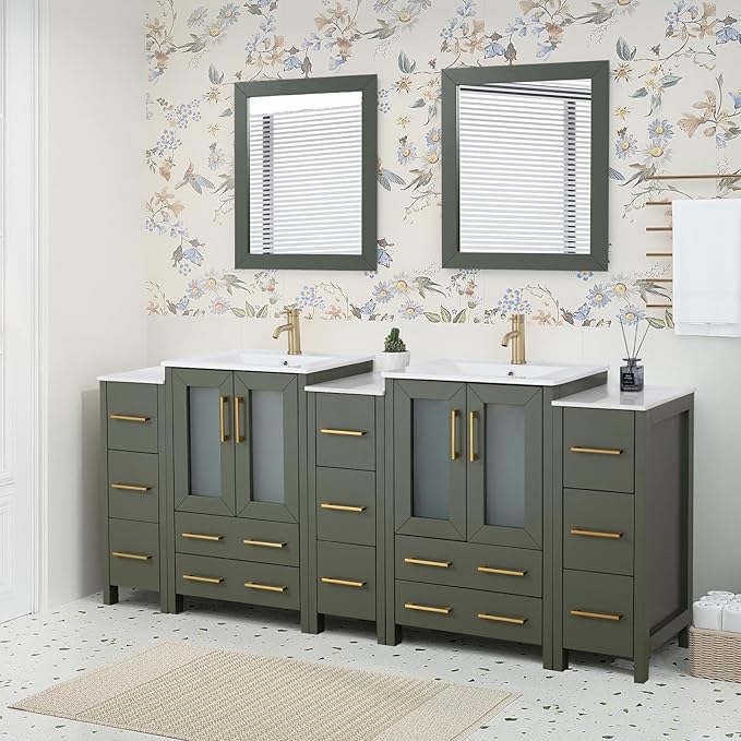 HOMEBEYOND 84 Inch Modern Bathroom Vanity with Sink & Mirror, Double Sink Vanity Cabinet with Basin and Mirror, Dove-Tailed Drawers, Soft-Closing Doors, Wood, Vintage Green