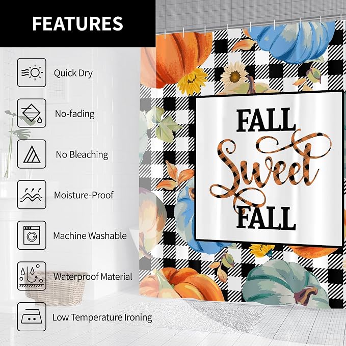 Fall Pumpkin Harvest Autumn Shower Curtain for Bathroom 72W*72H Inch Thanksgiving Rustic Black White Buffalo Plaid Maple Bathtub Autumnal Decor Waterproof Polyester Fabric Set with 12 Hooks