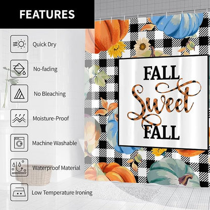 Fall Pumpkin Harvest Autumn Shower Curtain for Bathroom 72W*72H Inch Thanksgiving Rustic Black White Buffalo Plaid Maple Bathtub Autumnal Decor Waterproof Polyester Fabric Set with 12 Hooks