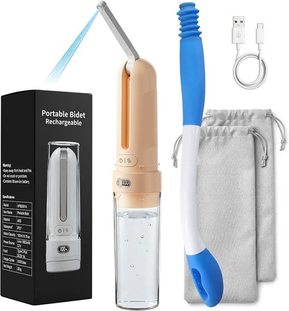 Electric Portable Bidet Toilet Aids Wiper Tool Set, Orange | 2-in-1 travel hygiene kit 15.7" extended length wiping tools 1600mAh Long-lasting Battery USB-C Rechargable IPX7 Waterproof