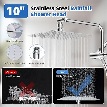 10" Metal Rainfall Shower Head with 10-Mode Handheld, Chrome | NSF/ANSI/CAN 372 Certified, High Pressure Showerhead Combo with 11" Adjustable Shower Arm, 71" Hose, Shower Head Holder