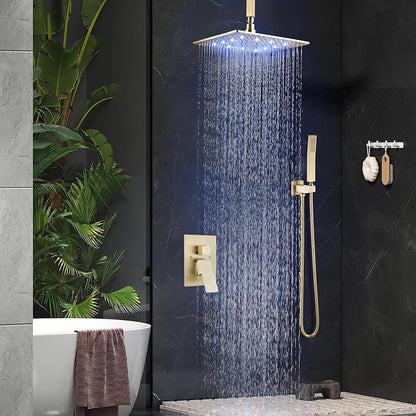 Aolemi Ceiling Shower Faucet Set with Handheld 12" LED Head Brushed Gold | Handheld Spray,12 Inch Rain LED Head,Shower Valve and Trim Kit,All Metal,Ceiling System,Bathroom Mixer