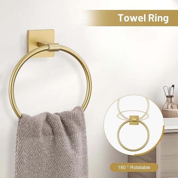 TURS 5-Pieces Brushed Gold Bathroom Hardware Set 23.6 Inch SUS304 Stainless Steel Towel Bar Set Wall Mounted Square Toilet Paper Holder with Shelf