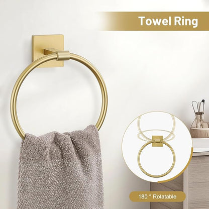 TURS 5-Pieces Brushed Gold Bathroom Hardware Set 23.6 Inch SUS304 Stainless Steel Towel Bar Set Wall Mounted Square Toilet Paper Holder with Shelf