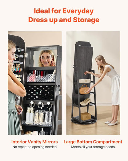 VEVOR 360° Swivel Jewelry Cabinet, 63-inch Tall, Full-Length Mirror with Storage, Standing Rotatable Jewelry Armoire Organizer, Lockable Door with 2 Keys, Accessory Pouches, and Storage Shelves