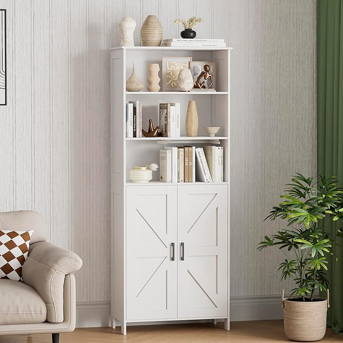 Homhedy 67" Tall Bathroom Storage Cabinet, Freestanding Farmhouse Cabinet with 2 Doors and Shelves, Bathroom Organizers and Storage for Kitchen, Living Room, Laundry Room, White