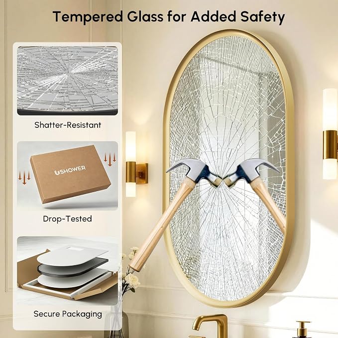 Brushed Gold Pill Oval Mirror for Bathroom 24x36 Inch | Small Vanity Mirror, Crystal-Clear HD Glass, Rust-Proof Aluminum Frame, Inner-Curved Decor for Bedroom, Entryway Renovation