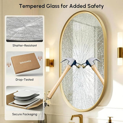 Brushed Gold Pill Oval Mirror for Bathroom 24x36 Inch | Small Vanity Mirror, Crystal-Clear HD Glass, Rust-Proof Aluminum Frame, Inner-Curved Decor for Bedroom, Entryway Renovation