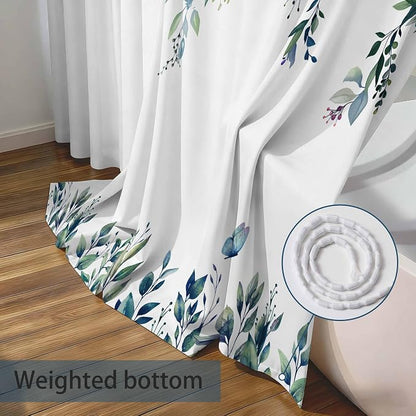 Dark Blue Floral Eucalyptus Shower Curtain with Hooks, 72x72 Inch | Waterproof Fabric, Watercolor Leaves and Floral, Botanical Style, Machine Washable, Quick-Drying, for Hotel Bathroom