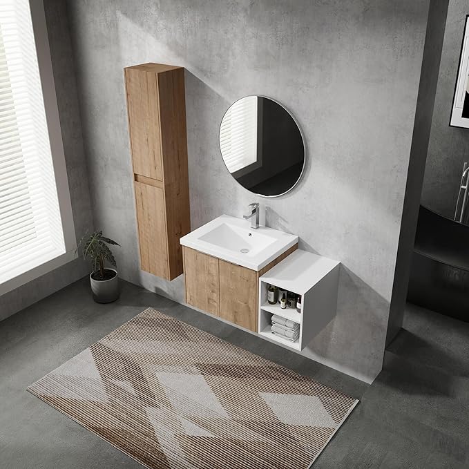SSLine 36-Inch Single Bathroom Vanity Modern Wall Mounted Bathroom Vanity with Sink 36" Small Floating Bathroom Vanities Set with White Open Storage Shelf & 2 Side Cabinets,Brown White