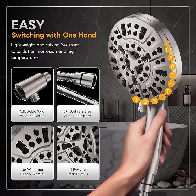 Superior Handheld Shower Head with Magnetic Docking System | 10-Function High Pressure Detachable Shower Head, 5-inch Shower head with 60 Inch Hose, Remote Dock, Brushed Nickel