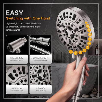 Superior Handheld Shower Head with Magnetic Docking System | 10-Function High Pressure Detachable Shower Head, 5-inch Shower head with 60 Inch Hose, Remote Dock, Brushed Nickel