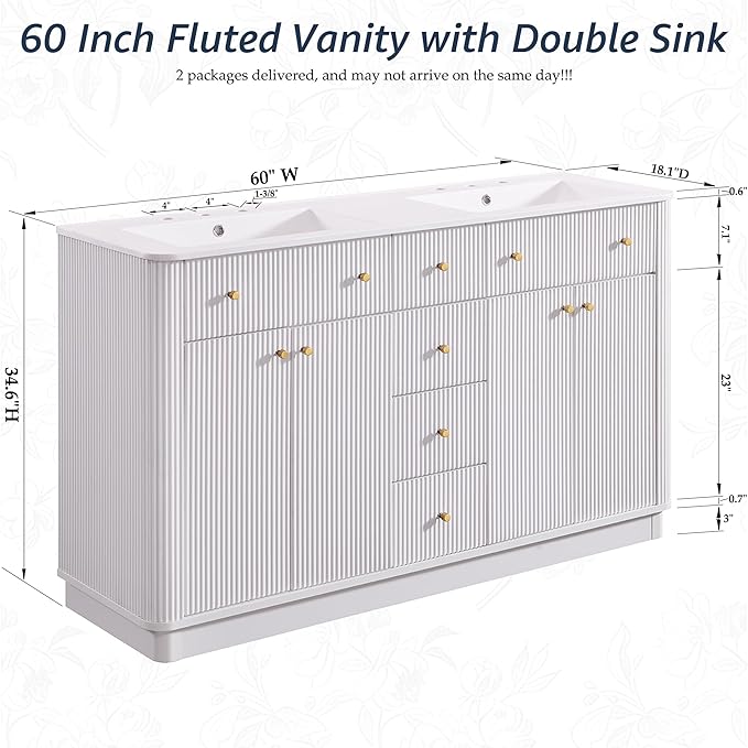 T4TREAM 60 Inch Bathroom Vanity with Sink, Modern Fluted Large Double Sink Bathroom Vanity with 2 Storage Cabinets, Adjustable Shelf, and 3 Small Drawers, Solid White