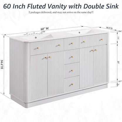 T4TREAM 60 Inch Bathroom Vanity with Sink, Modern Fluted Large Double Sink Bathroom Vanity with 2 Storage Cabinets, Adjustable Shelf, and 3 Small Drawers, Solid White